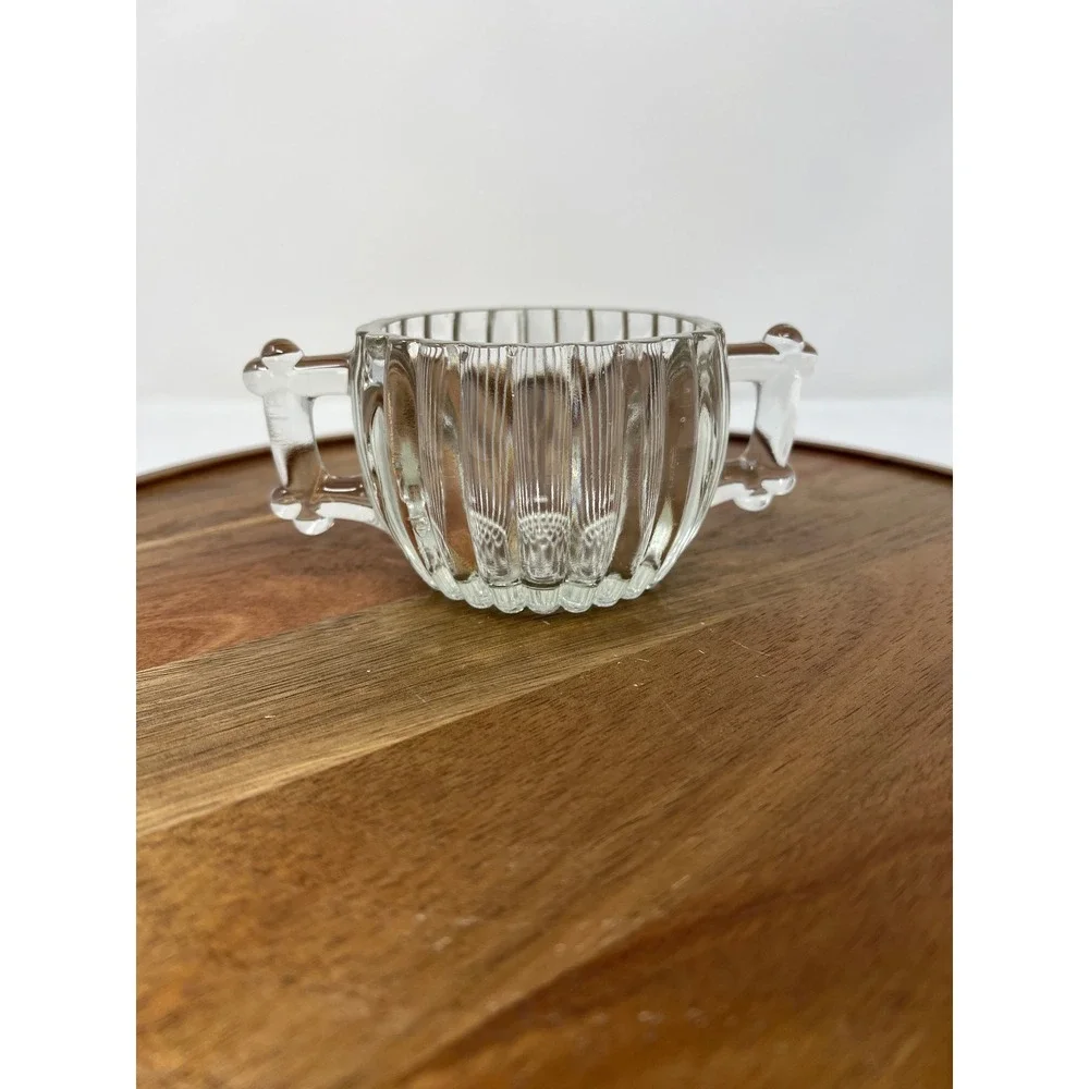 Vintage Clear‎ Glass Sugar Dish with Handles Ribbed Sides